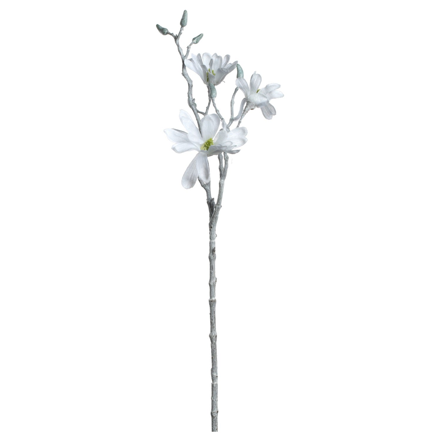Weiße künstliche Magnolie mit Blüten und Knospen auf grauem Stiel