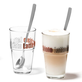 Latte Macchiatoset SOLO mit zwei Gläsern und Löffeln, leer und gefüllt