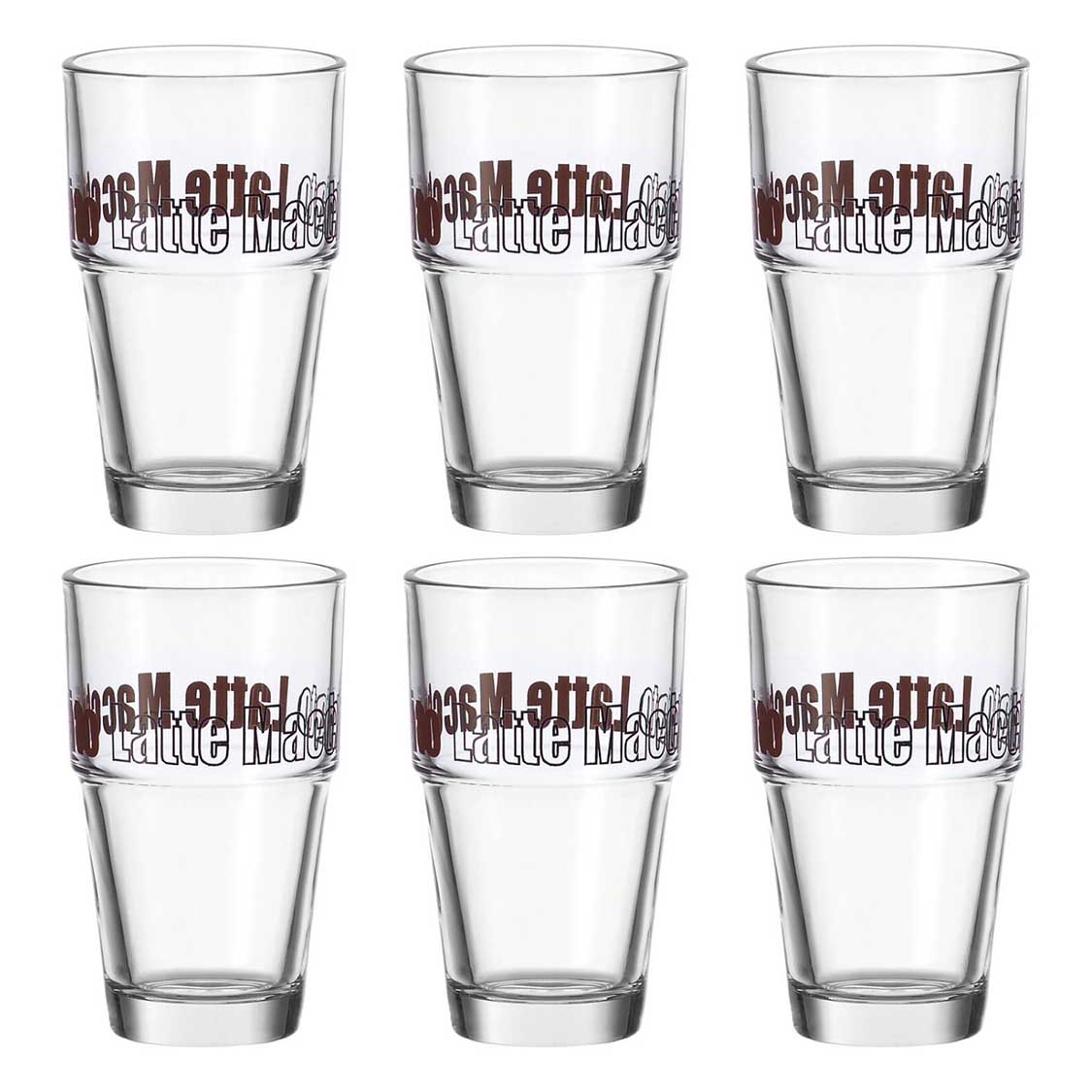 Sechs Gläser mit brauner Latte-Macchiato-Gravur, 6er-Set