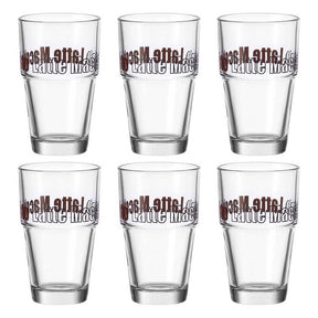 Sechs Gläser mit brauner Latte-Macchiato-Gravur, 6er-Set