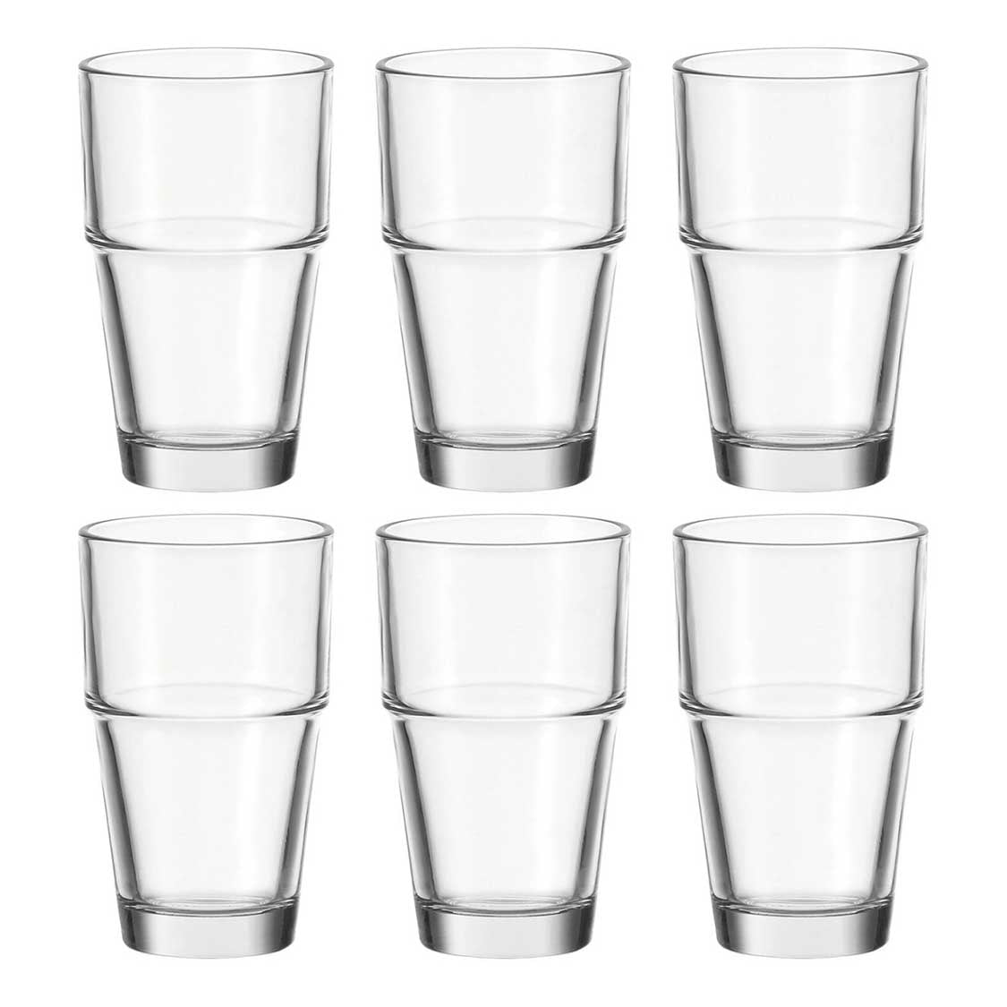 Sechs klare Glasbecher SOLO 410 ml im 6er-Set, gestapelt angeordnet