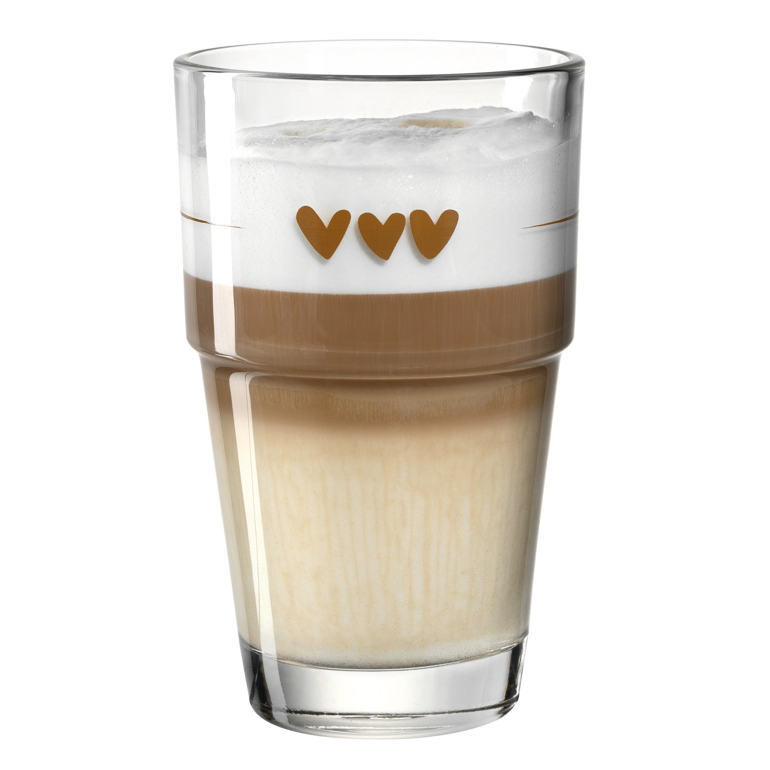 Becher SOLO mit Kaffee und Milchschaum, drei goldene Herzen im Design