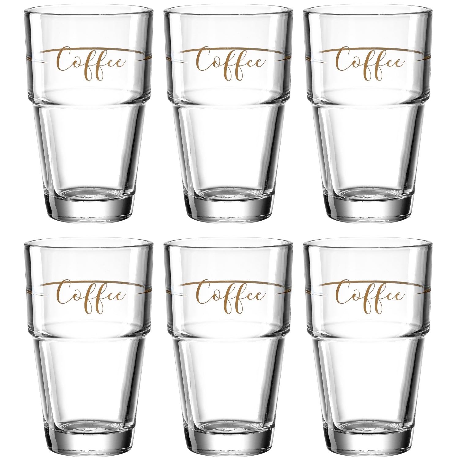 Sechs klare Glasbecher mit goldfarbener Beschriftung "Coffee
