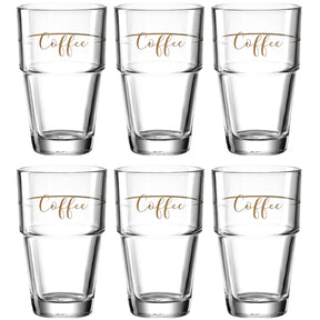 Sechs klare Glasbecher mit goldfarbener Beschriftung "Coffee