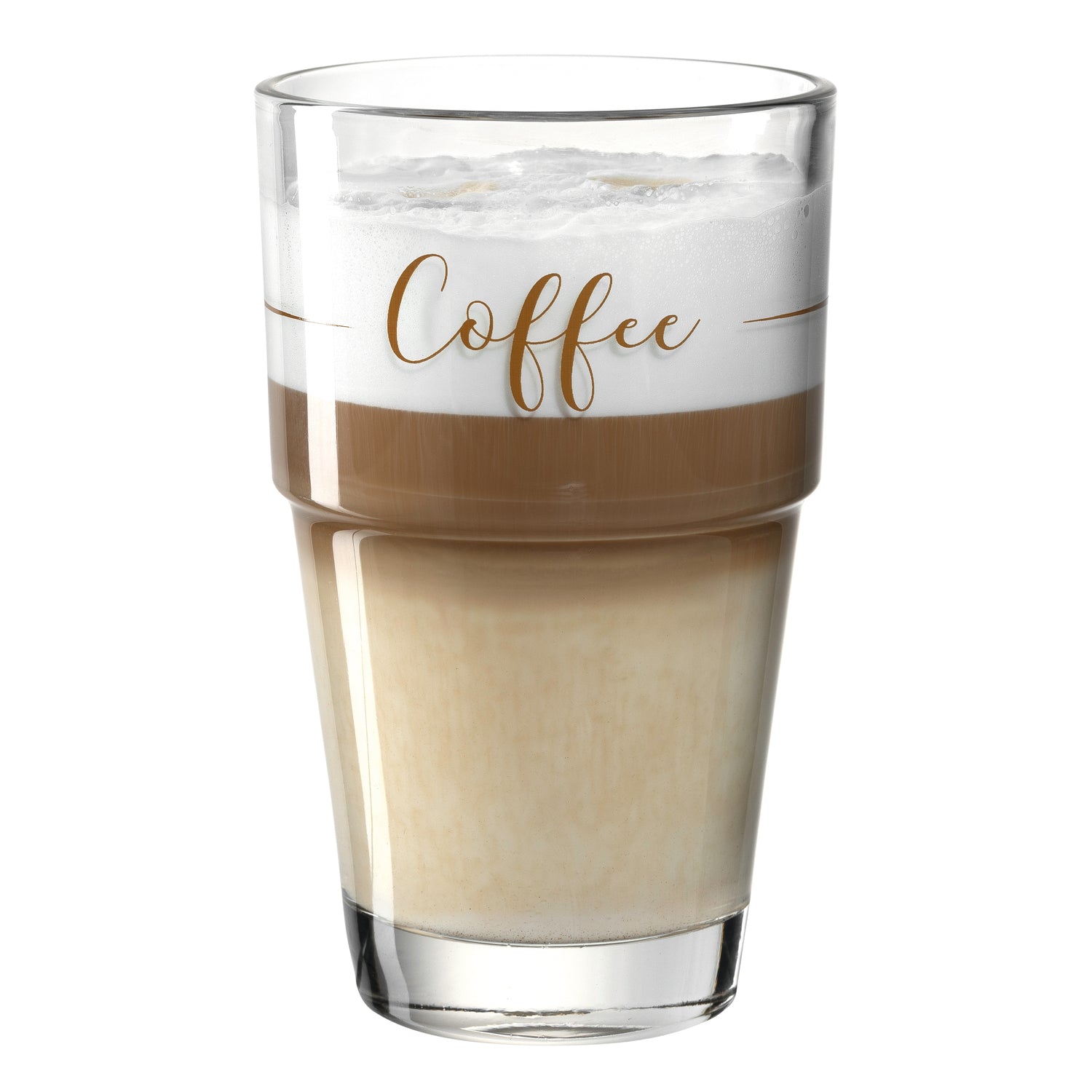 Becher SOLO mit Schichtlook eines Cappuccino, "Coffee"-Schriftzug auf weißem Band