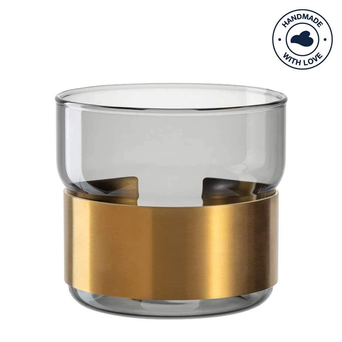 Tischlicht SILENZIO mit grauem Glaszylinder und goldenem Metallband