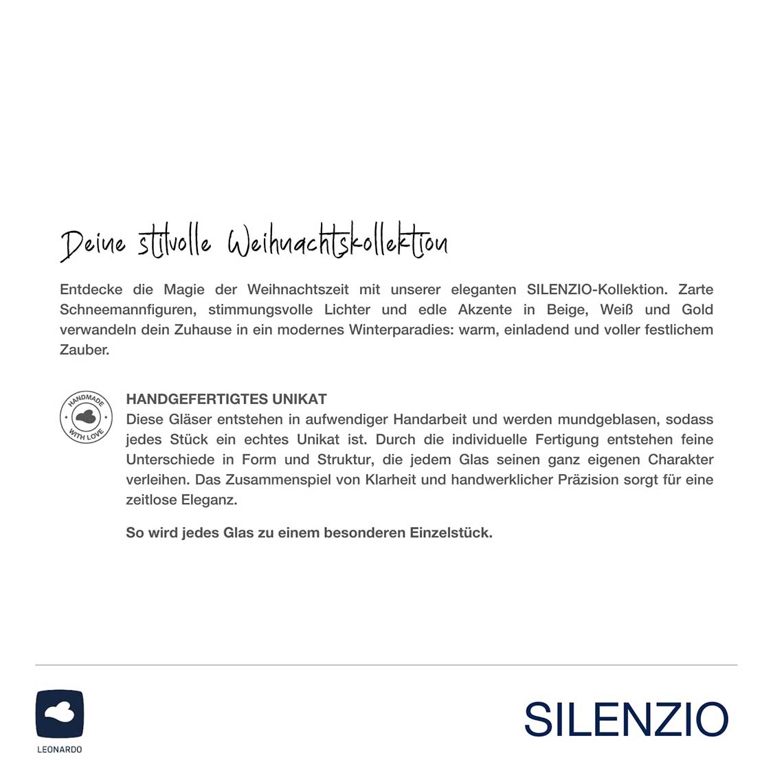 Tischlicht SILENZIO, Produktverpackung mit Beschreibung und Logo