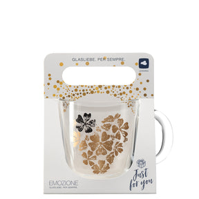 Tasse EMOZIONE mit goldenem Blumenmuster in Verpackung mit Henkel