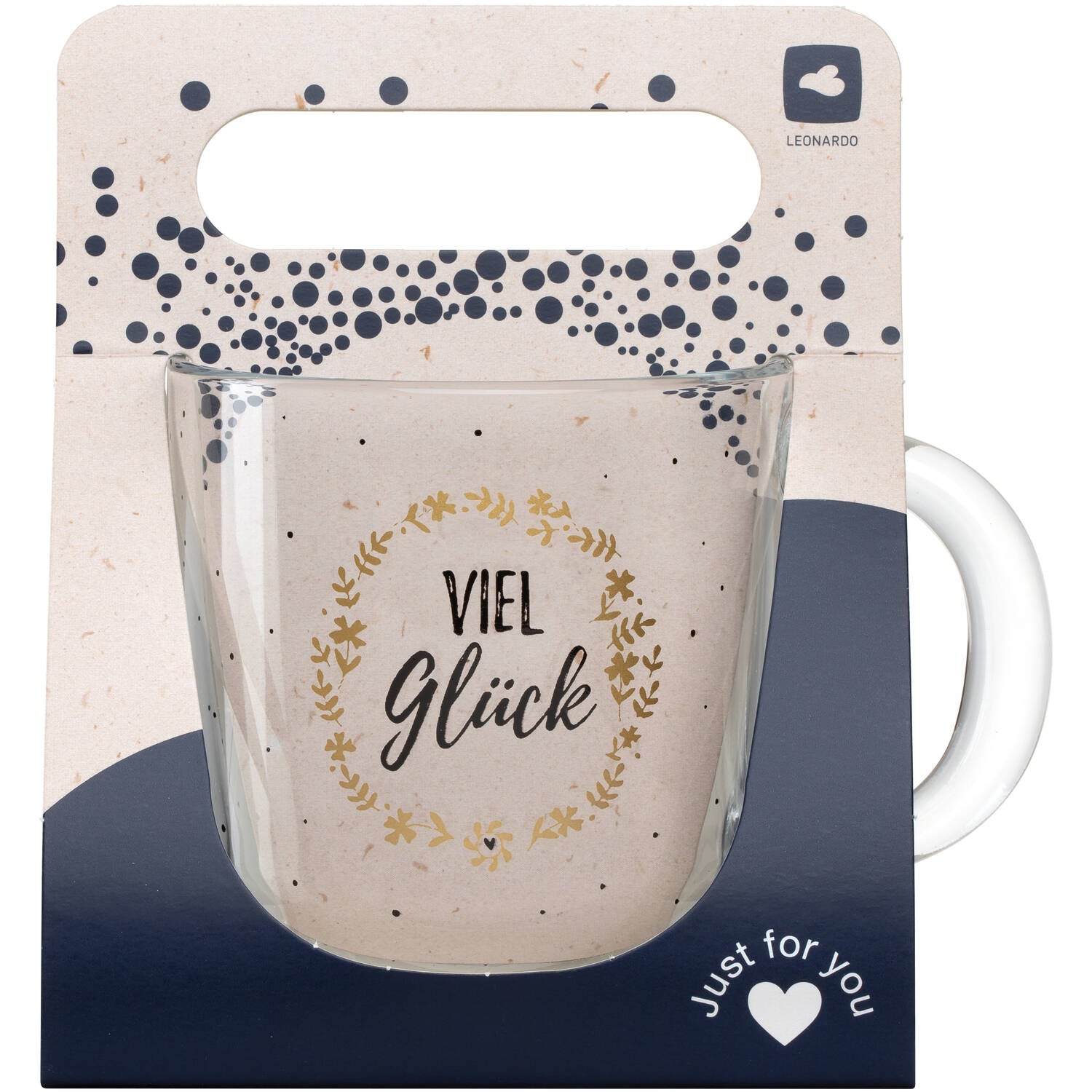 Tasse EMOZIONE mit goldenem Lorbeerkranz und Schriftzug Viel Glück, in Verpackung