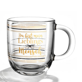 Tasse EMOZIONE mit goldenem Schriftzug "Du bist mein Lieblingsmensch" und Dekorlinien