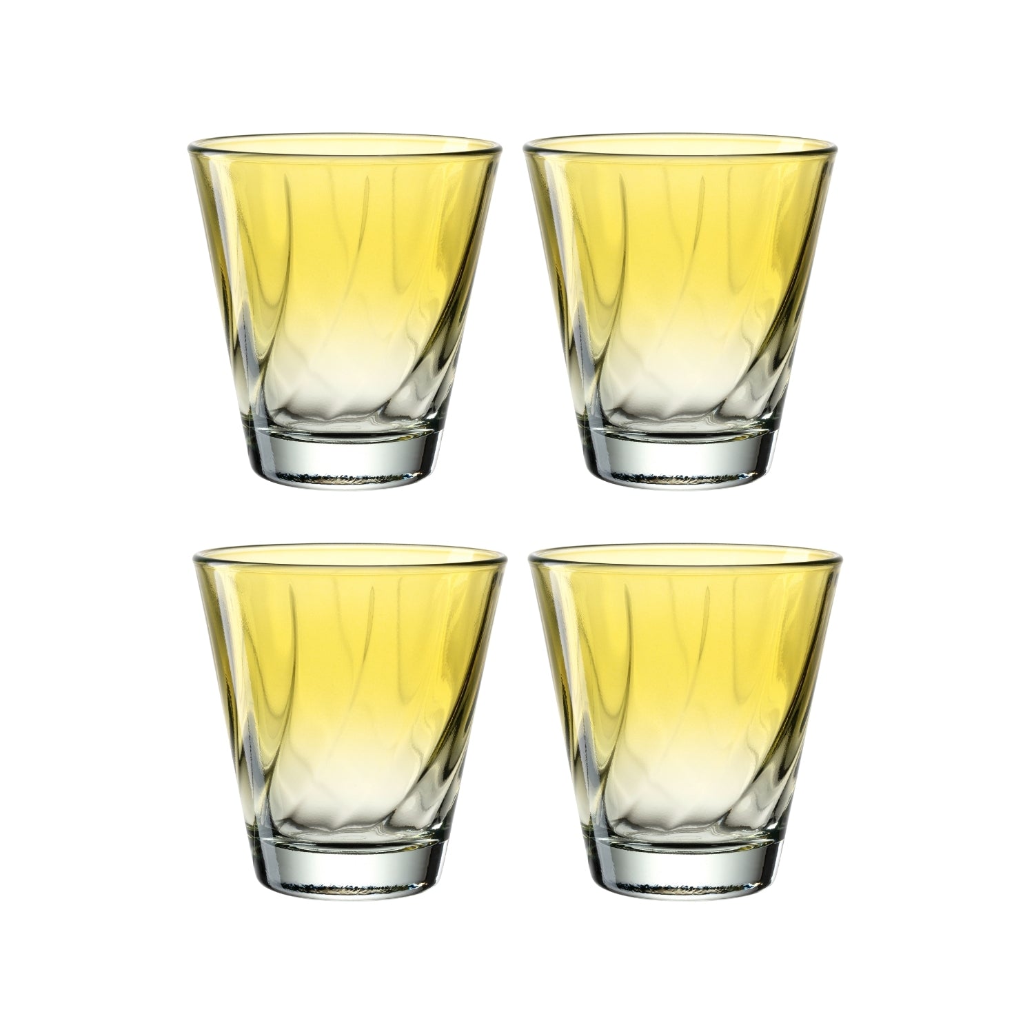 Vier Trinkgläser TWIST 215 ml gelb im 2x2 Raster, gefüllt mit gelblicher Flüssigkeit