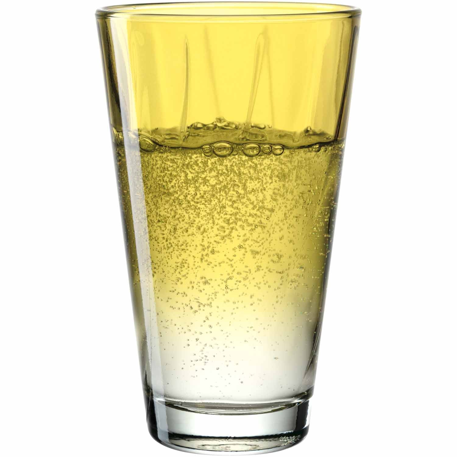 Trinkglas TWIST mit gelber Limonade gefüllt, Blasen sichtbar