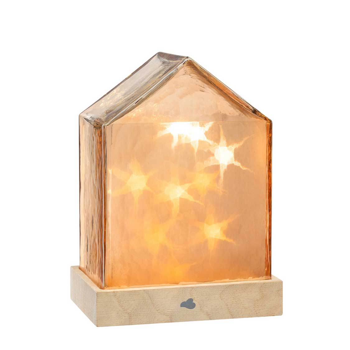 LED Haus 18 cm amber MAGICO mit warmweissen Lichtern, Holzsockel, freigestellt vor weissem Hintergrund
