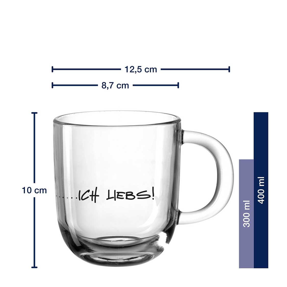 Tasse EMOZIONE 400 ml mit Gravur "…ich liebs!" und Massangaben