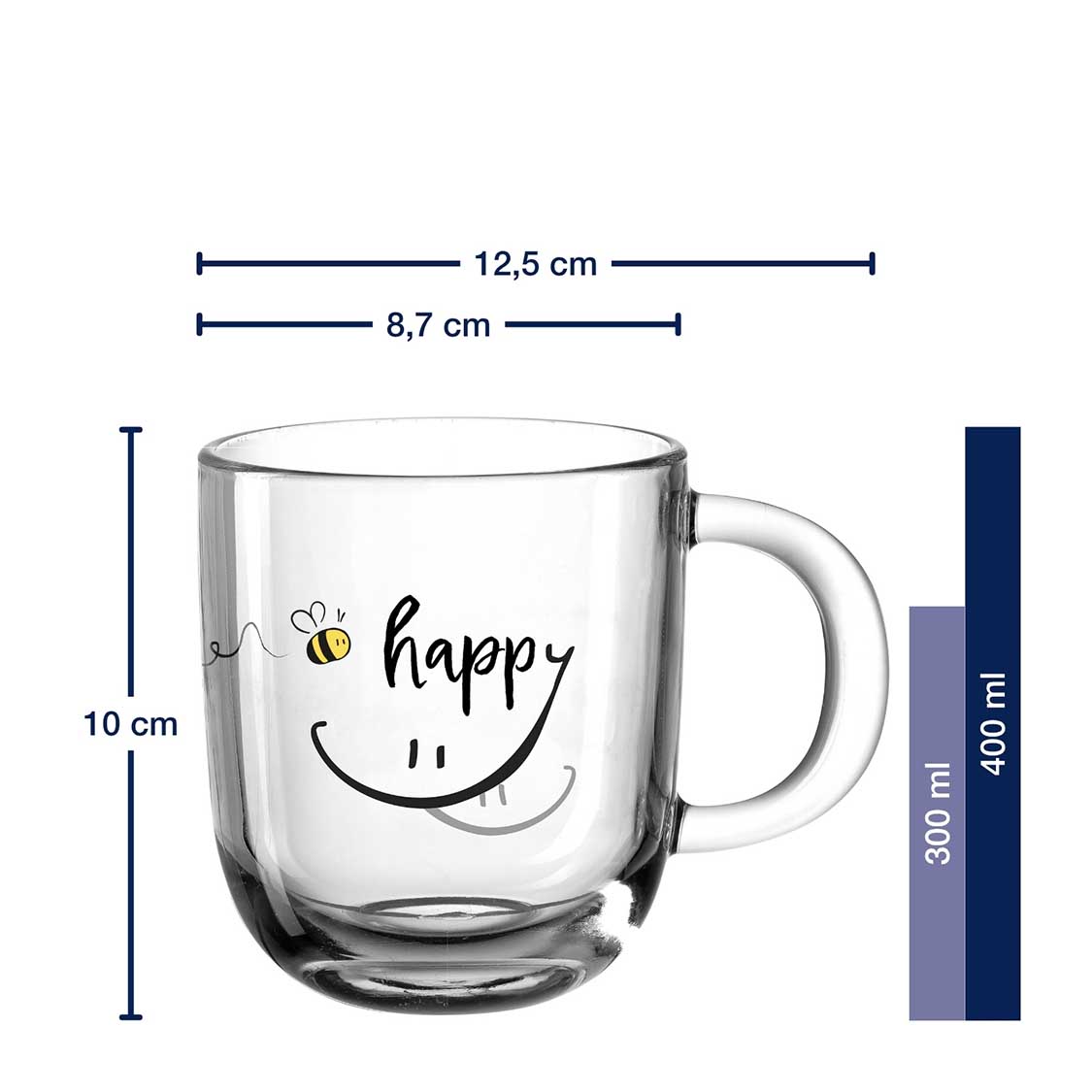 Tasse EMOZIONE 400 ml mit Gravur "Bee happy" und Massangaben