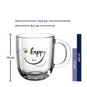 Tasse EMOZIONE 400 ml mit Gravur "Bee happy" und Massangaben