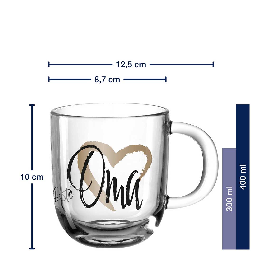 Tasse EMOZIONE 400 ml „Beste Oma" mit Gravur und Massangaben