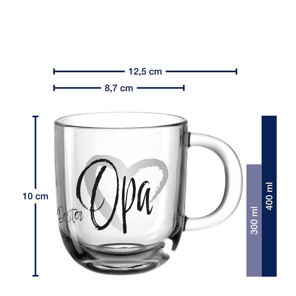 Massangaben zu Tasse EMOZIONE 400 ml ‚Bester Opa', Gravur mit Schriftzug