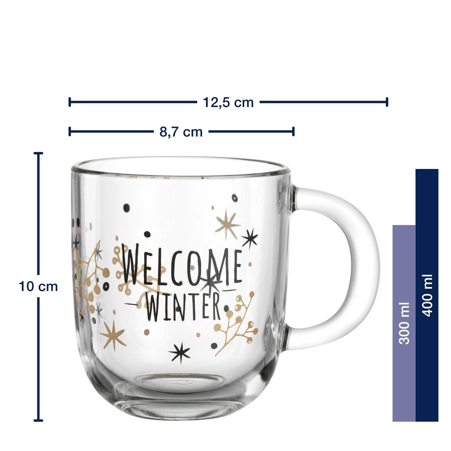 Tasse RIPOSO mit "WELCOME WINTER" Aufdruck und Massangaben