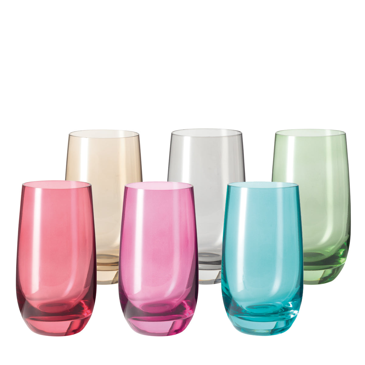 Trinkglas SORA 390 ml 6er-Set in Rosa, Pink, Türkis, Beige und Grün
