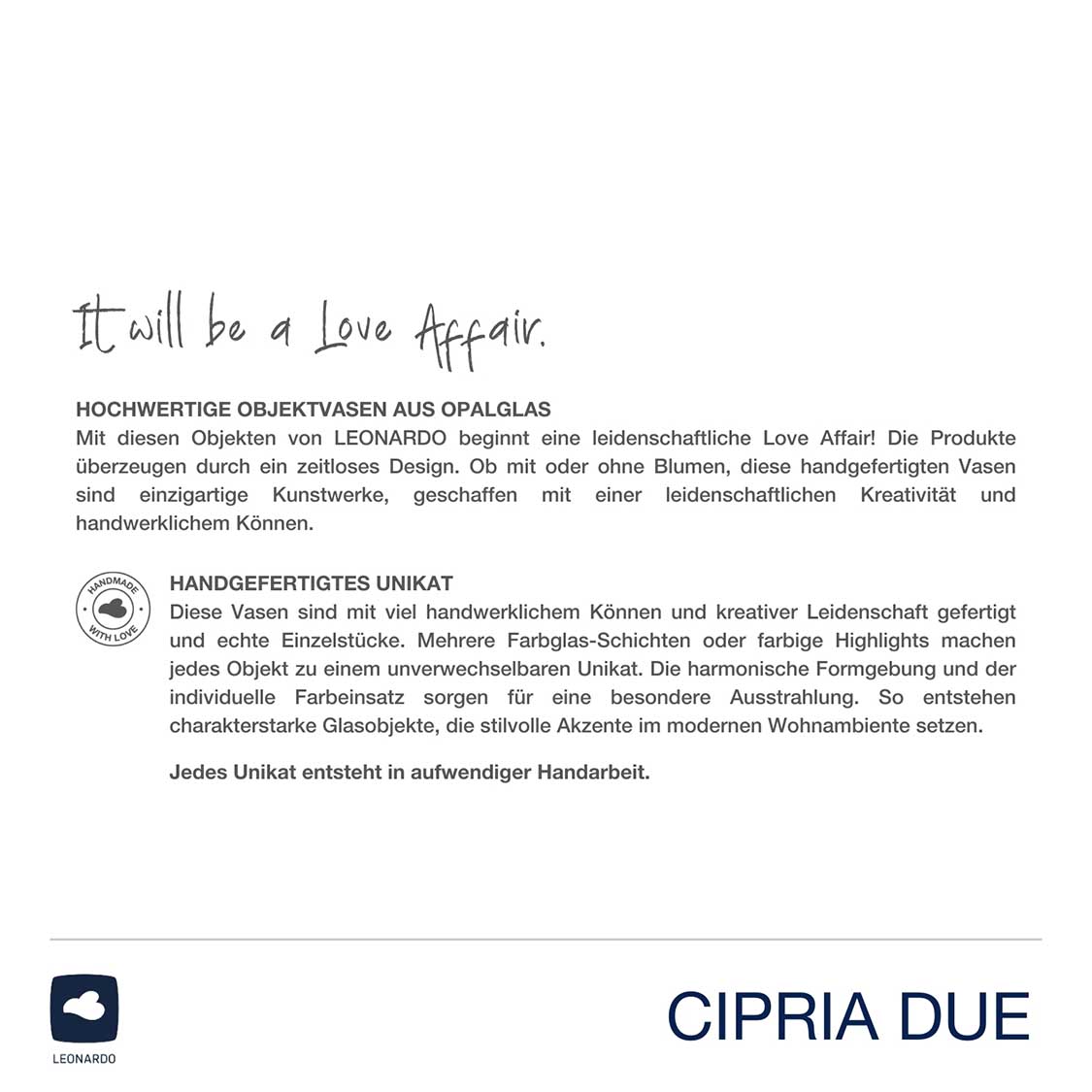 Vase CIPRIA DUE, Produktinformationen und Herstellerlogo auf weißem Hintergrund