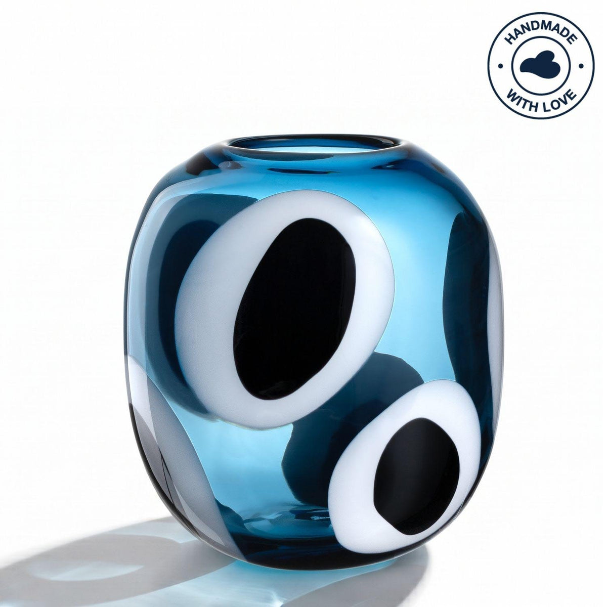 Vase OCCHI BLU mit zwei weißen ovalen Augen auf blauem Glaskörper