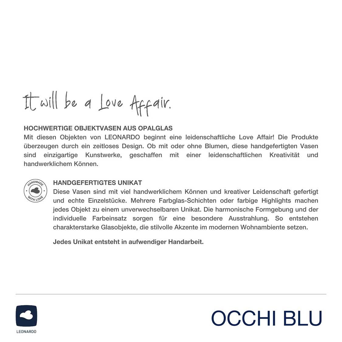 Vase OCCHI BLU mit Produktinformationen und Markenlogo