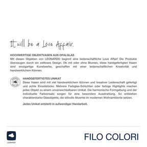 Vase FILO COLORI mit Produktinformationen und Logo