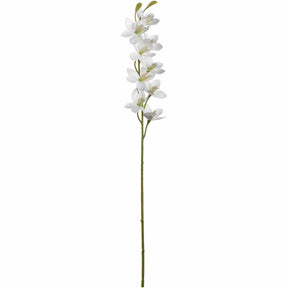 Weiße künstliche Orchidee mit grünem Stiel auf weißem Hintergrund