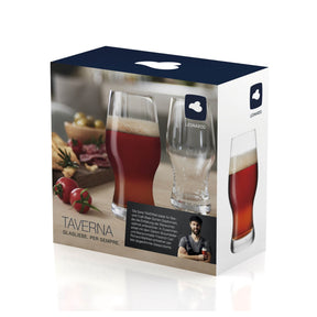 Bierglas TAVERNA 330ml 2er-Set in Verpackung mit gefülltem Glas und Dekoration