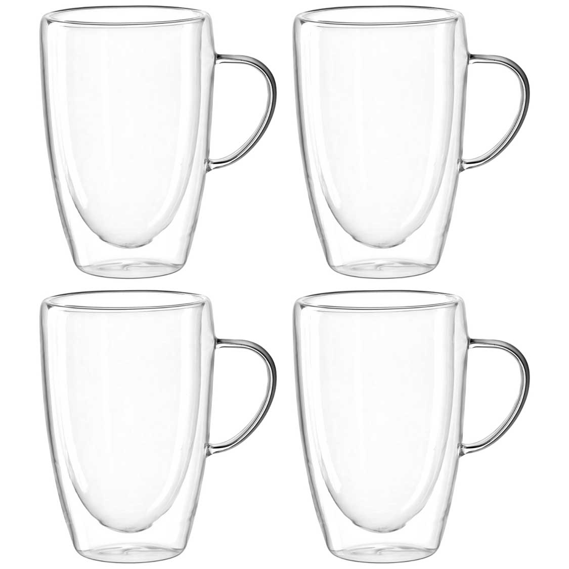 Vier transparente Doppelwandtassen mit Henkel im 4er-Set nebeneinander angeordnet