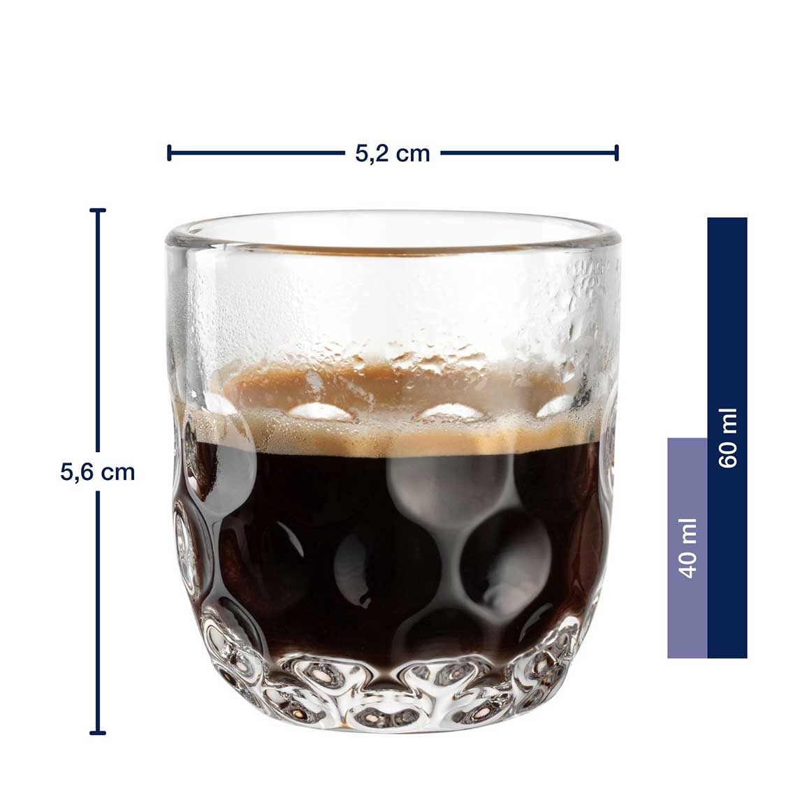 Massangaben zu Espressoglas GOCCE 60ml, gefüllt mit Espresso