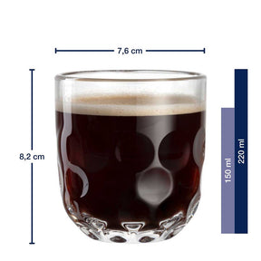 Kaffeeglas GOCCE mit Massangaben, gefüllt mit dunklem Getränk und Schaum