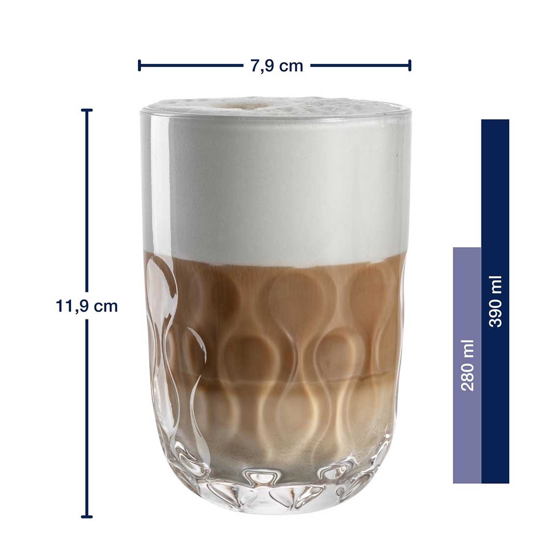 Latte Macchiato Glas GOCCE mit Massangaben und Füllvolumen