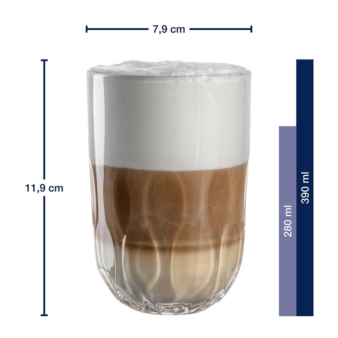 Latte Macchiato Glas GOCCE mit Massangaben, gefüllt mit Kaffeegetränk