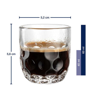 Massangaben zum Espressoset GOCCE 6-teilig mit gefülltem Glas und Inhaltsskala