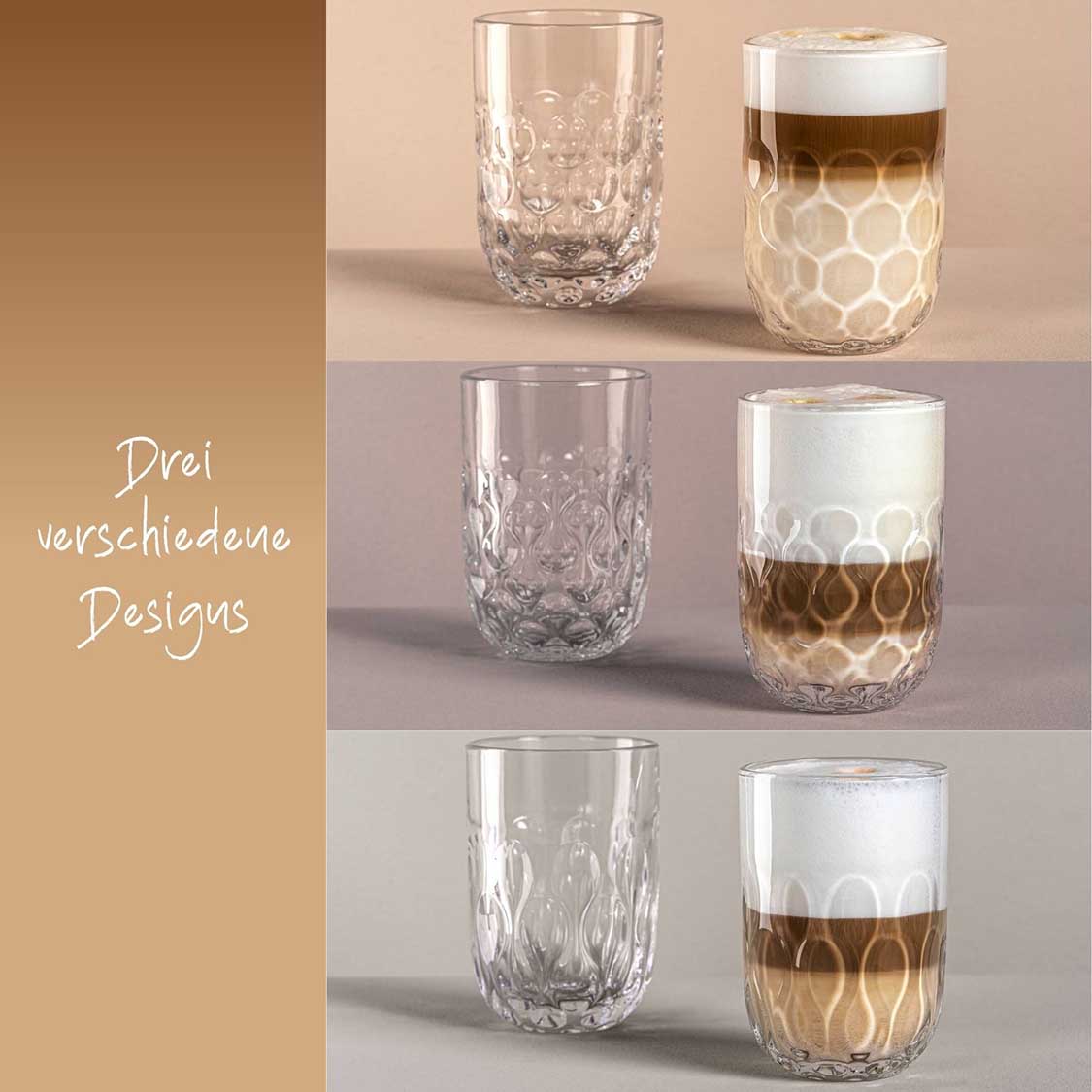 Latte Macchiato Set GOCCE in drei Designvarianten mit strukturiertem Glas und Korkband