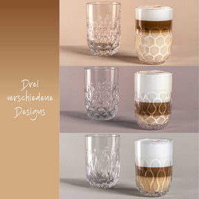 Latte Macchiato Set GOCCE in drei Designvarianten mit strukturiertem Glas und Korkband