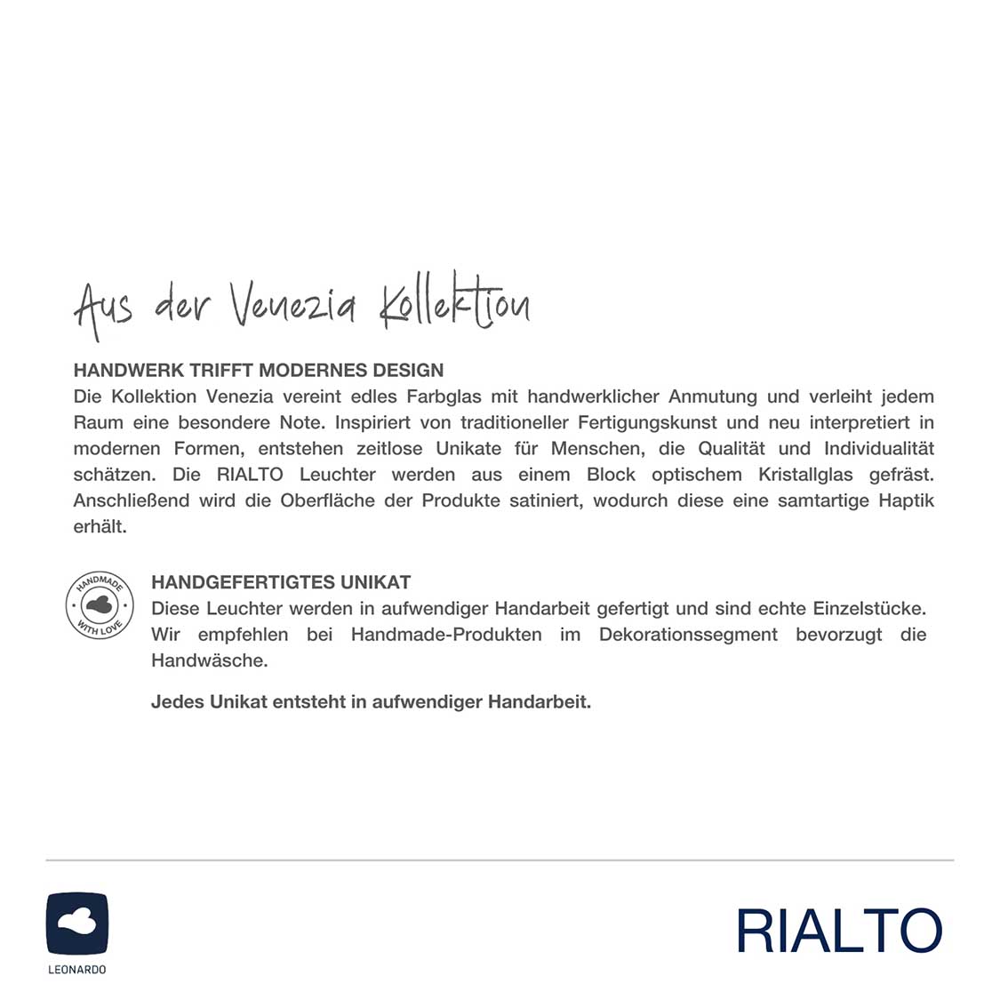 Produktinformationen und Handwerkssiegel zur Venezia Kollektion RIALTO