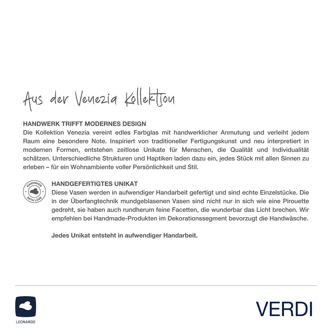 Vase VERDI weiß, Produktinformationen und Handwerkssiegel