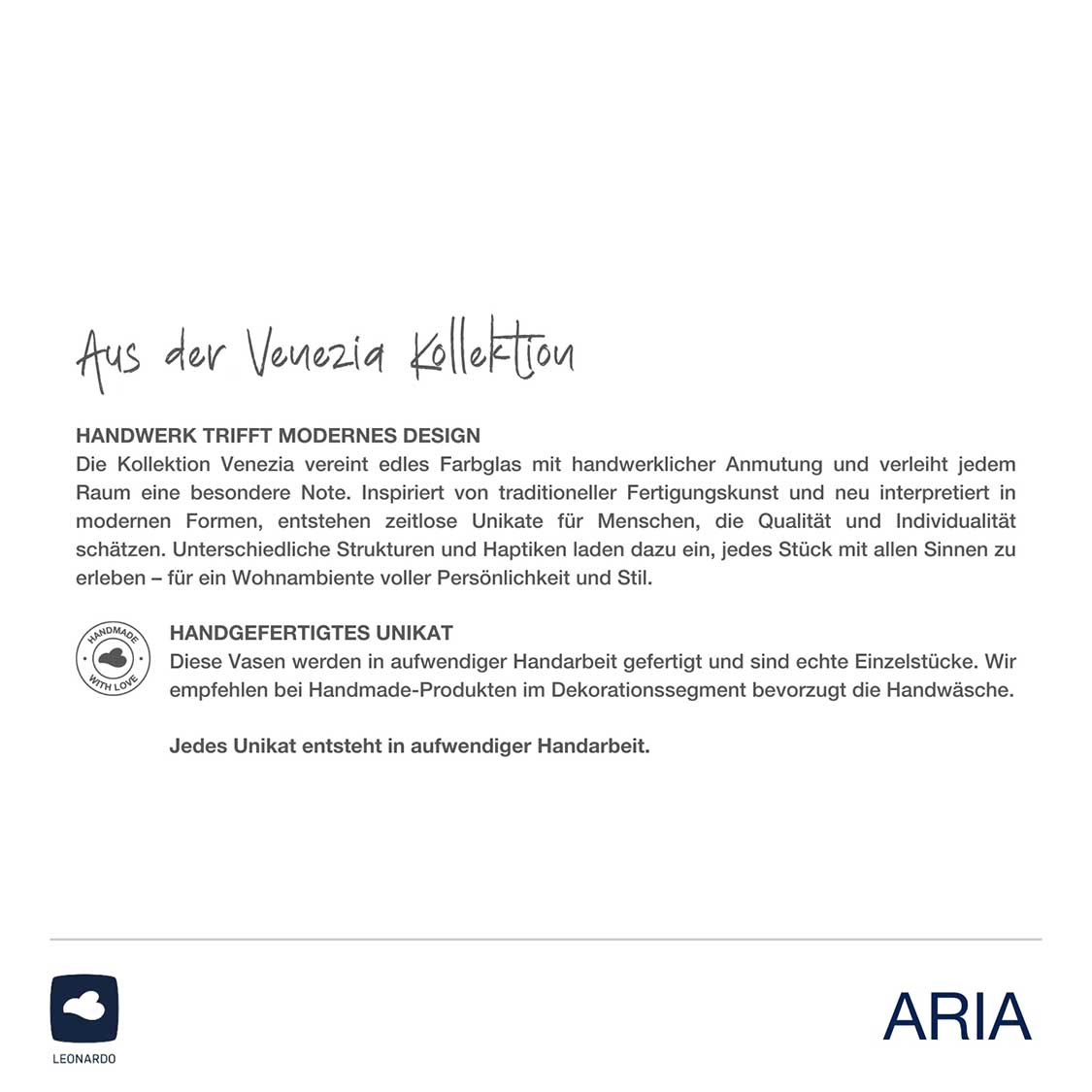 Produktinformationen zur Solifleurvase ARIA und Herstellerangaben zur Venezia-Kollektion