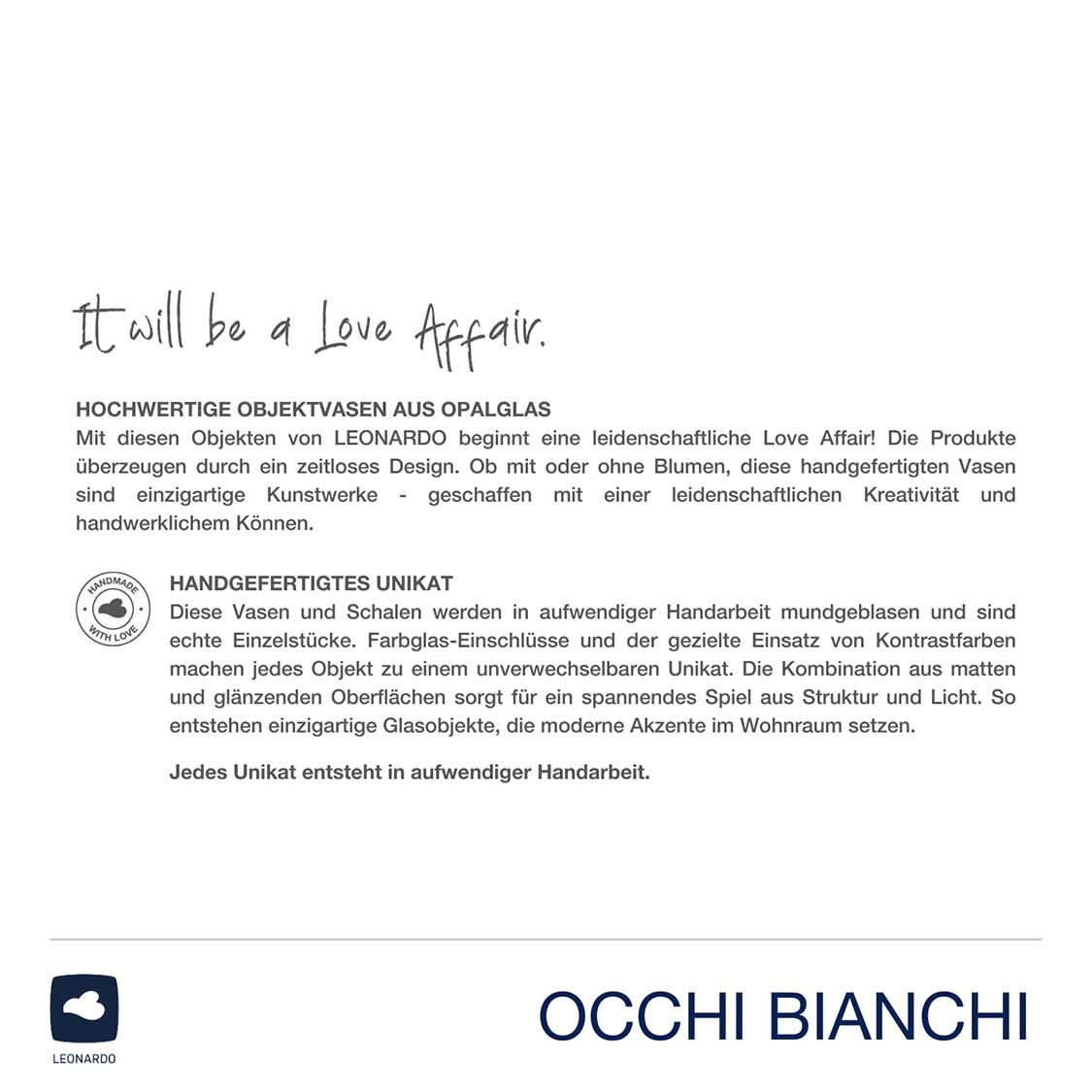 Verpackung Vase OCCHI BIANCHI mit Produktbeschreibung und Herstellerinformationen