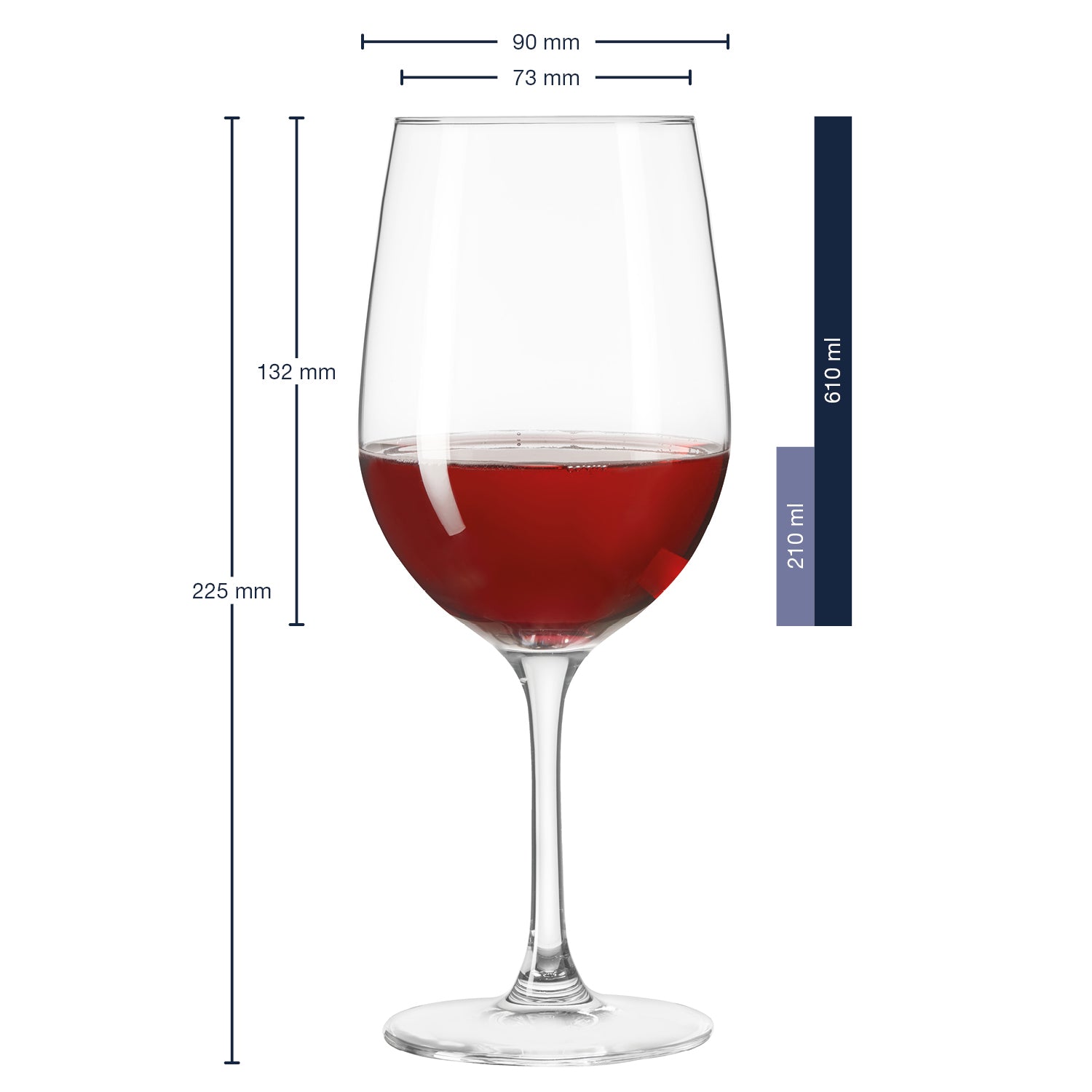 Massangaben zum Rotweinglas CIAO+ 610ml mit Rotwein gefüllt