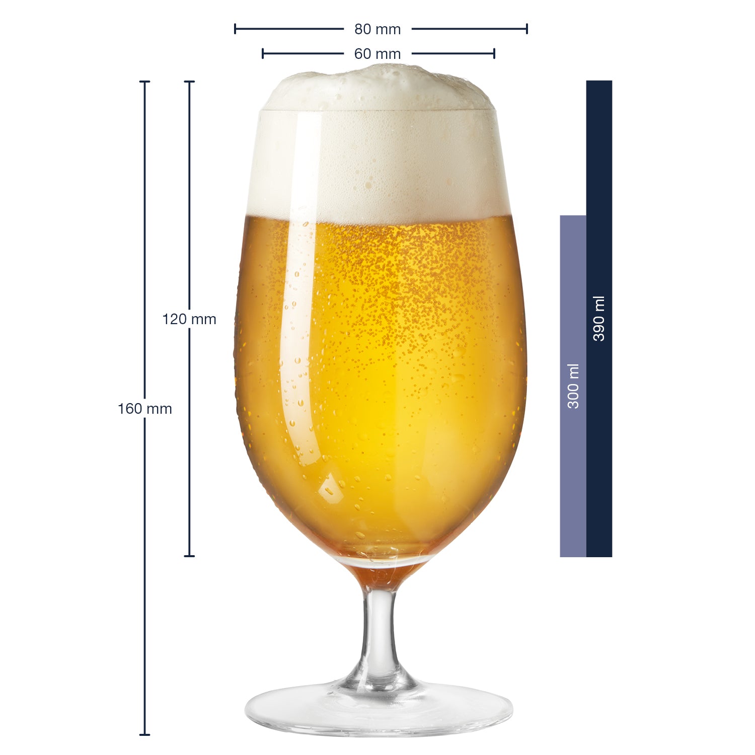 Massangaben zu Bierglas CIAO+ 390 ml mit gefülltem Glas