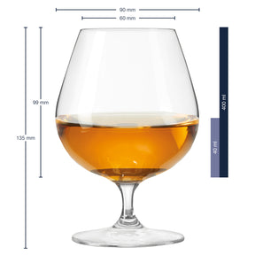 Massangaben zu Cognacschwenker CIAO+ 400 ml mit gefülltem Glas und Massangaben