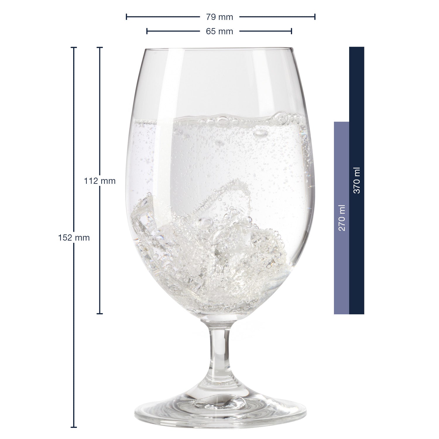 Massangaben zum Wasserglas DAILY 370 ml mit Eiswürfeln gefüllt