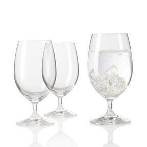 Wasserglas DAILY 370 ml, zwei leere und ein gefülltes Glas mit Eiswürfeln