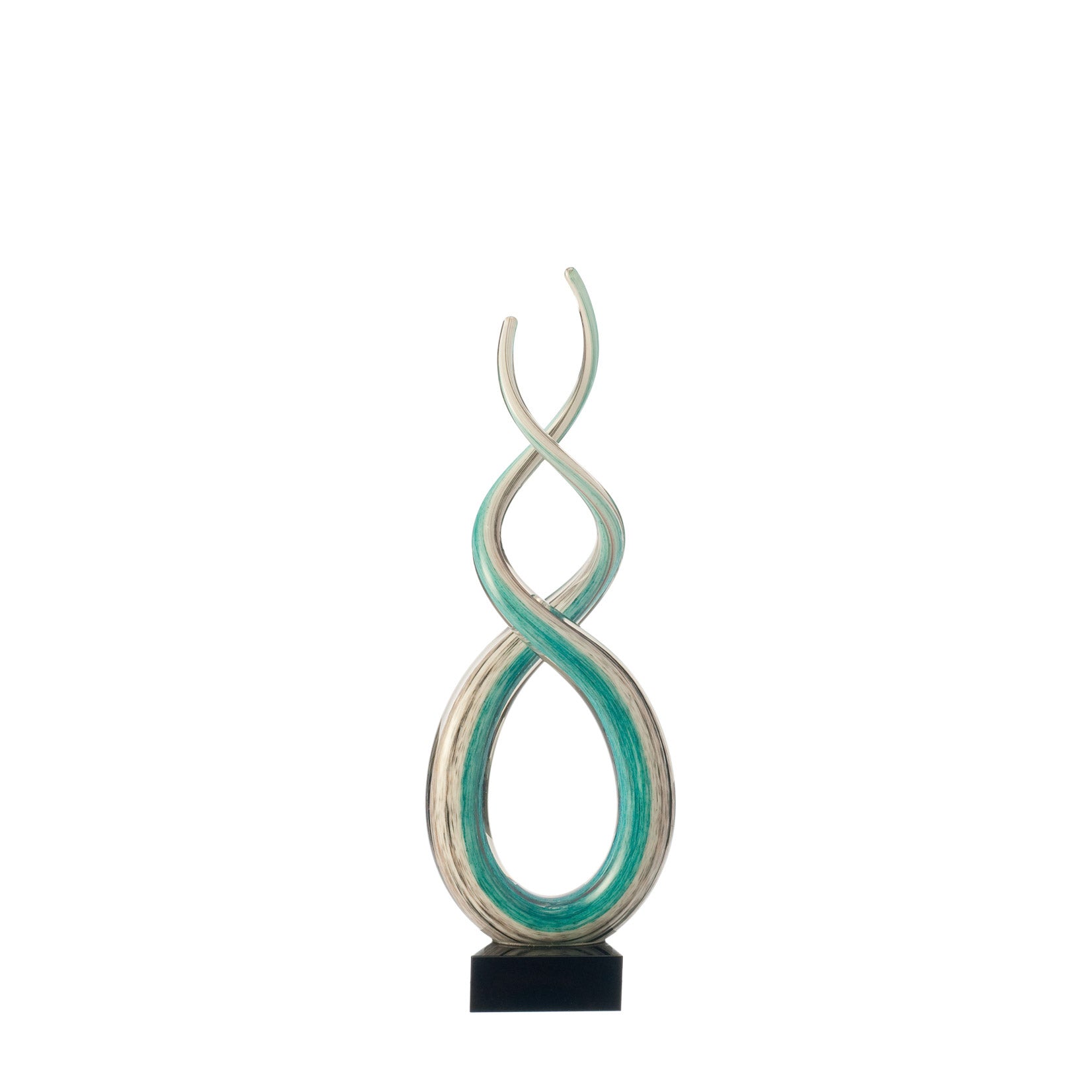Glasskulptur SCULPTURE 39 cm türkis mit verschlungenen Formen auf schwarzem Sockel