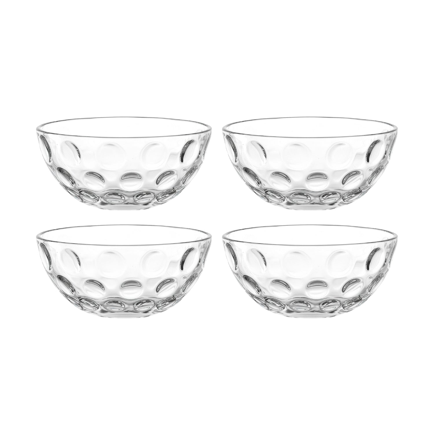 Vier klare Glassschalen CUCINA OPTIC mit Noppen-Muster, angeordnet in 2x2 Reihen