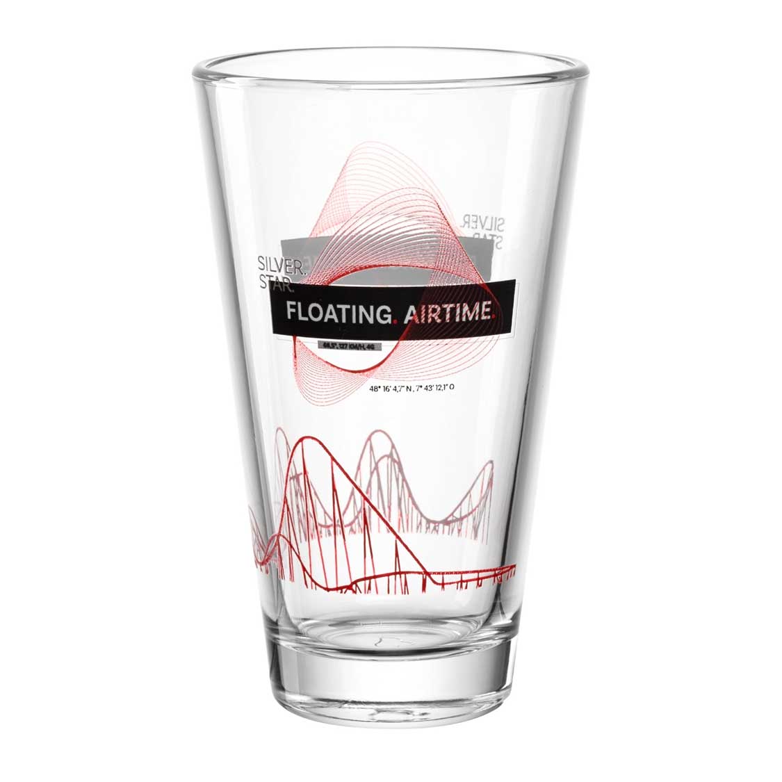 Trinkglas mit rotem Druck, Achterbahn-Motiv und "Floating Airtime" Schriftzug